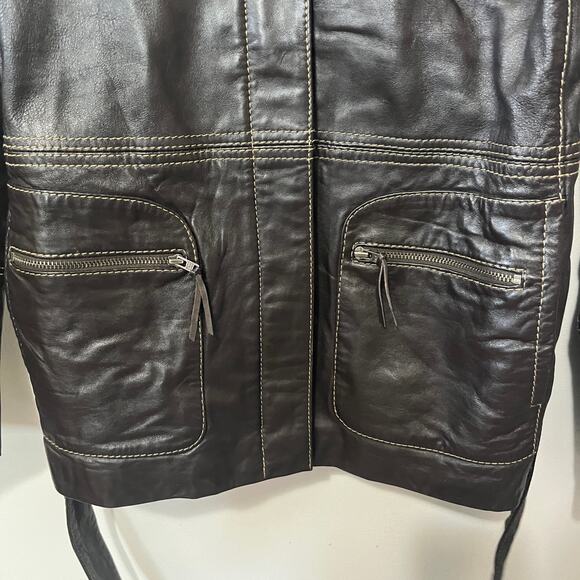VTG 90s New Frontier Y2K Womens Brown Leather Belted Zip Jacket Coat Dressy 6 - Picture 4 of 9